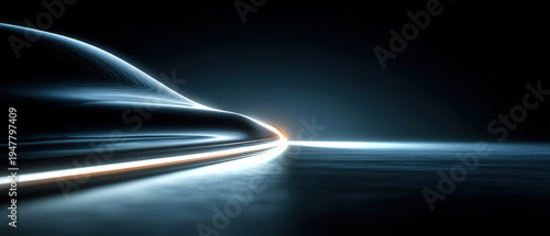 Thin chrome ribbon arc with sharp reflections cutting through dark abstract background