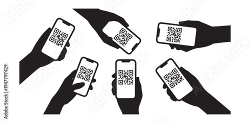 Hands holding smartphones displaying quick response codes concept digital mobile payment system technology