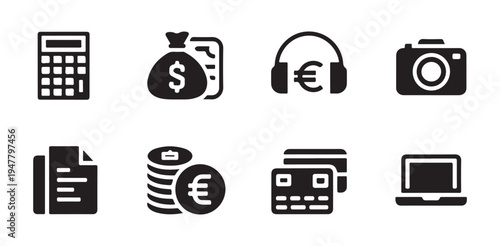Financial management digital shopping and media icons set demonstrating accounting economy technology symbols