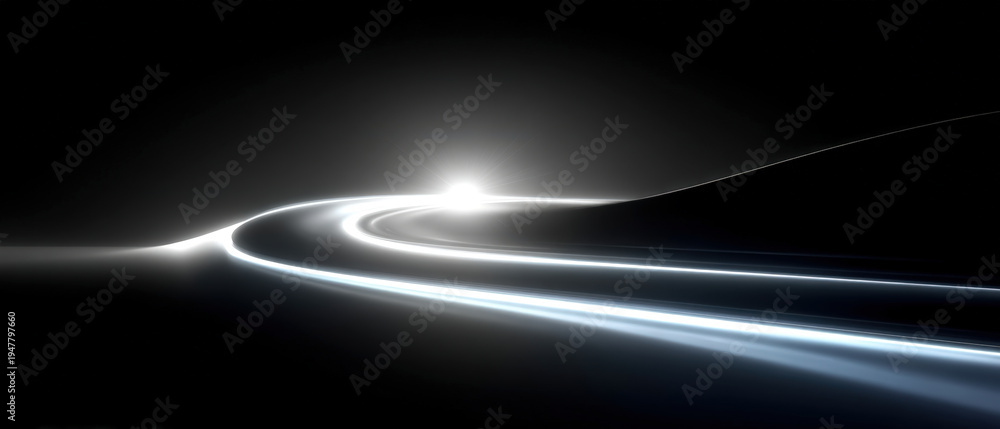 Fototapeta premium Glowing ribbon curve silhouette with gentle halo, elegant abstract light on black
