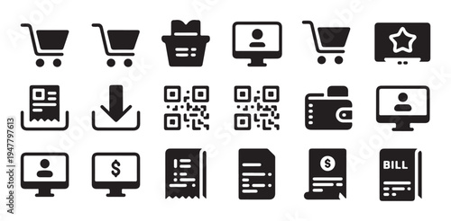 Shopping and commerce flat icon set for digital payment and delivery services
