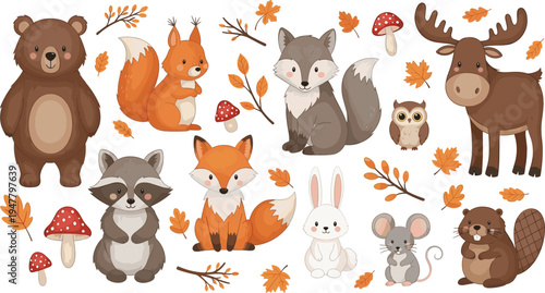 Cute Autumn Woodland Animals Collection with Fox Bear and Moose