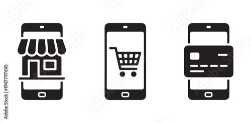 Mobile commerce concept with store shopping cart and credit card payment options on smartphone