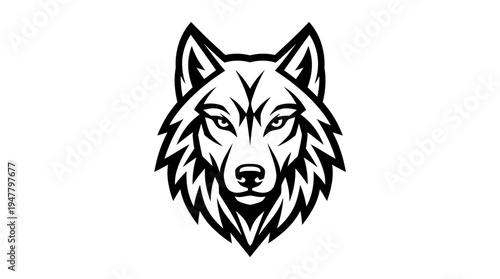 Stylized black and white wolf head illustration with sharp features and bold lines