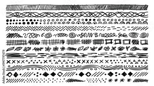 Hand-drawn decorative patterns featuring various lines, shapes, and floral designs for creative use