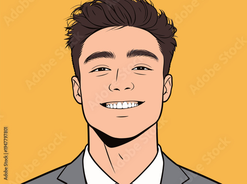 A man is smiling and wearing a suit against a bright yellow background. This shows a relaxed and confident mood for a portrait.