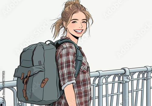 A person stands next to a railing in a city. She has a backpack and is smiling while looking at the viewer.