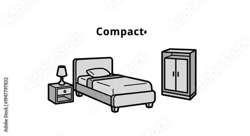 Compact Bedroom Set - Bed, Nightstand, and Wardrobe Illustration.