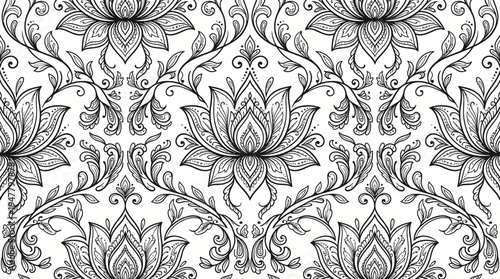 Intricate black and white floral pattern featuring detailed lotus flowers and swirling vines