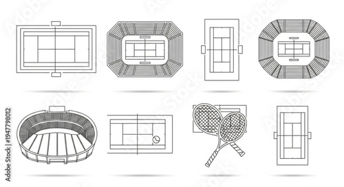 Various Tennis Court Layouts and Perspectives in Black and White.