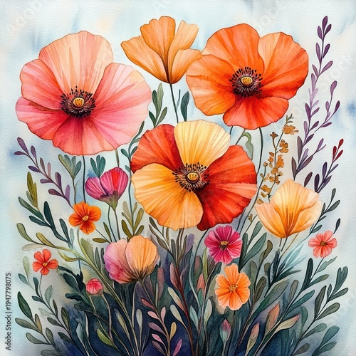 vibrant watercolor bouquet of orange and pink poppy-like flowers with delicate wildflowers and lush green foliage, serene and uplifting mood