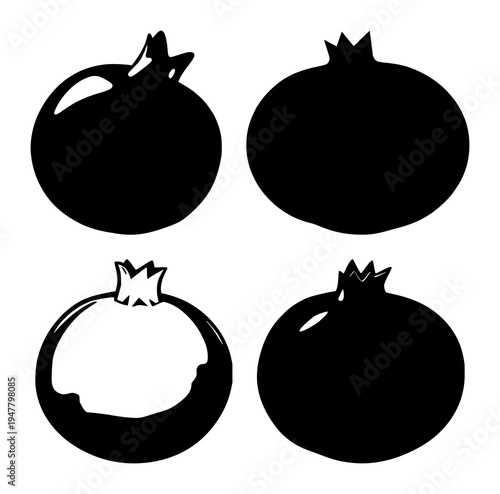 Pomegranate set with whole fruit illustration featuring superfruit theme, solid black lines, isolated on white with bold outlines and clean lines