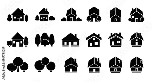 Collection of House and Tree Icons in Black Silhouette.