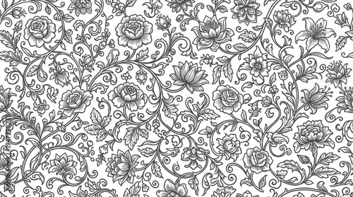 Intricate floral pattern featuring roses and lilies on a white background, ideal for textile design