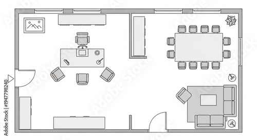 Office Layout with Meeting Area and Executive Workspace.