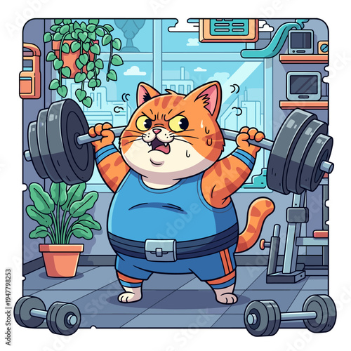 Funny Ginger Cat Lifting Heavy Barbell in Gym Cartoon Fitness Illustration