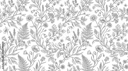 Intricate floral pattern featuring various plants and flowers on a soft gray background