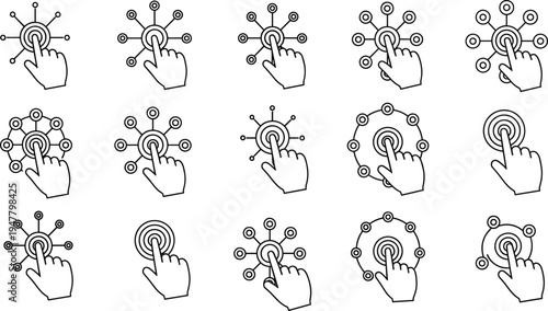 Hand Icon Set with Interactive Circular Buttons, Vector Illustrations for User Interface, Web Design, and Digital Interaction Themes