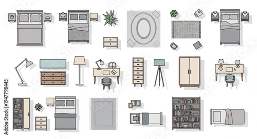 Top-down view of bedroom and office furniture arrangement.
