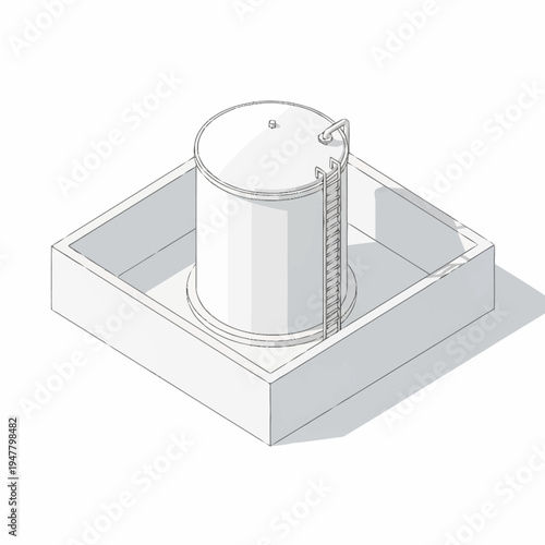 Isometric illustration of a cylindrical tank with a ladder inside a square containment structure.