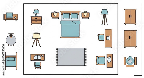 Bedroom Furniture Arrangement - Top-Down View of Interior Design Elements.