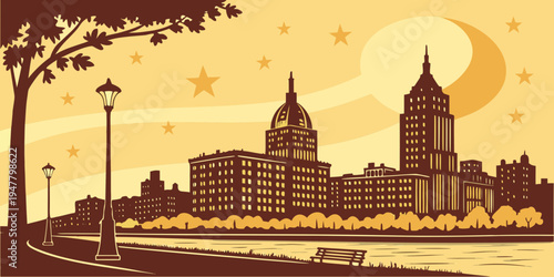 A city skyline at sunset with a river and tree Vector