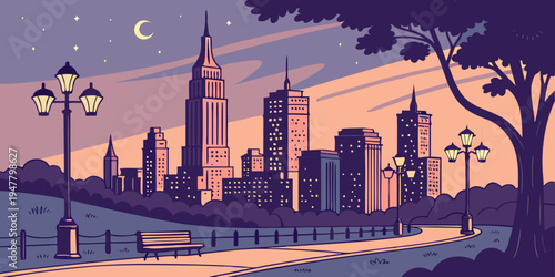 A city skyline at dusk with a bridge and trees Vector