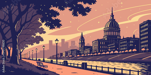 A city skyline at sunset with a river running through it Vector