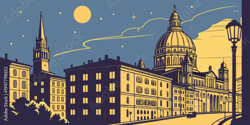 A cityscape at night with a large moon Vector