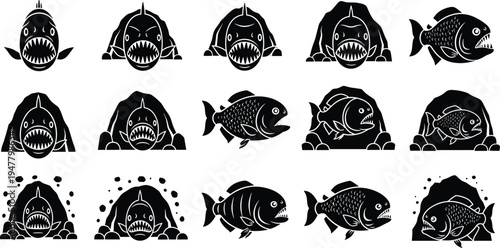 Piranha Fish in Various Underwater and Cave Poses Silhouette Icon Set, Vector Illustrations for Aquatic, Nature, and Wildlife Themes