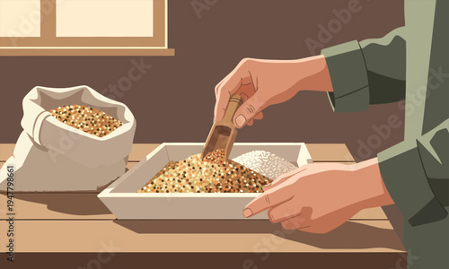 Hands Scooping Mixed Grains from Tray