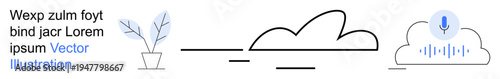 Cloud computing, digital communication, minimal aesthetics, technology integration, remote access, modern design. Abstract cloud with microphone and potted plant. Cloud computing and digital