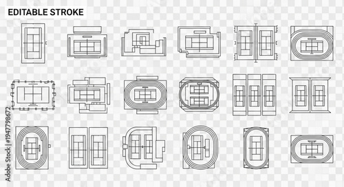 Editable Stroke Tennis Court Layouts - Diverse Court Configurations.
