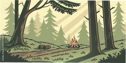 A pixel art illustration of a campfire in the woods Vector