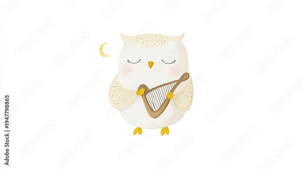 Obraz premium Cute Cartoon Owl Playing Harp Under Moonlight in Soft Colors