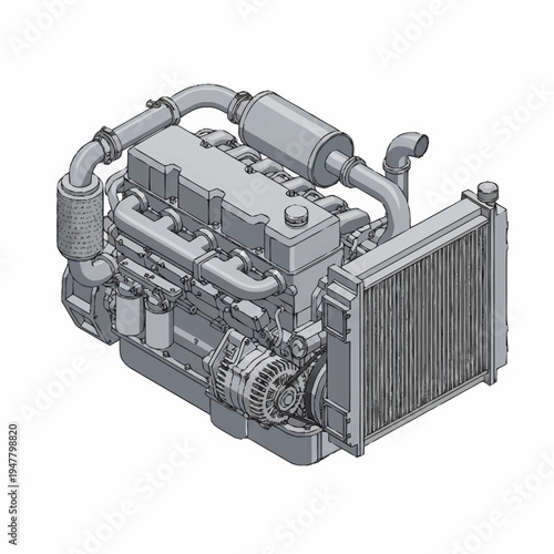 Isometric view of an internal combustion engine with radiator and exhaust system.