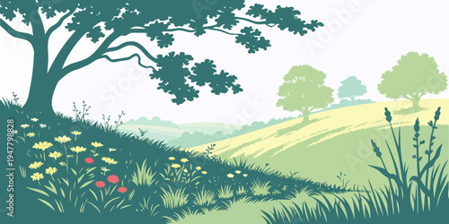 A serene landscape with a tree and rolling hills Vector