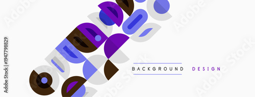 Abstract geometric shapes, purple tones dominate design. Minimalist style, modern aesthetic, clean lines present. Background appears white.