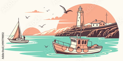 A boat is sailing near a lighthouse on a rocky shore Vector