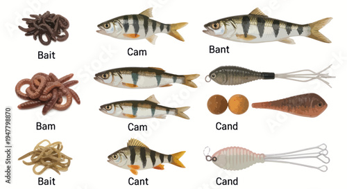 Fishing bait and lures with perch fish samples