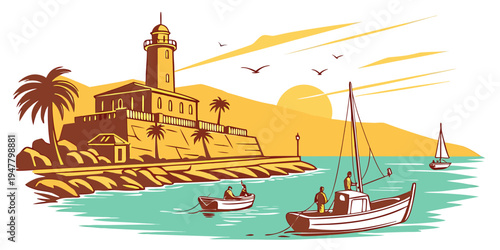 A scenic coastal town with boats and a tower Vector