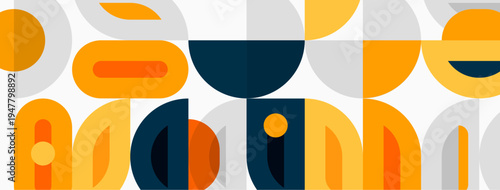 Abstract geometric pattern. Overlapping shapes create midcentury modern aesthetic. Warm colors dominate design. Simple, clean lines present visual harmony.