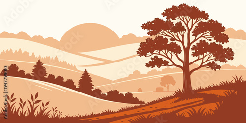 A tree on a hill with the sun setting in the background Vector