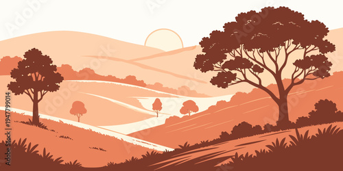 A serene landscape with trees on a hillside at sunset Vector