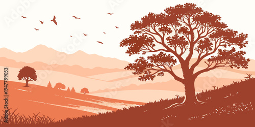 A tree on a hill with birds flying overhead Vector