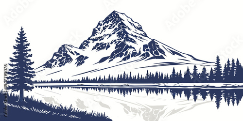 Snowy mountain landscape with a lake and trees Vector