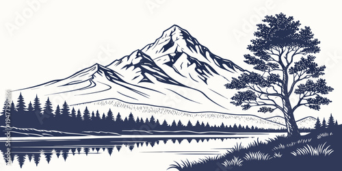 A mountain range behind a tree and a body of water Vector