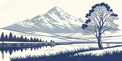 A tree stands alone in a snowy landscape with a mountain range Vector