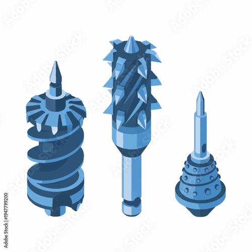 Isometric illustration of three different types of industrial drill bits.