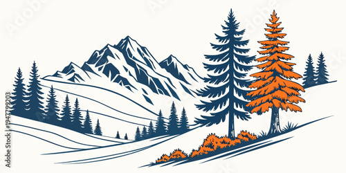 A mountain landscape with a pine tree and orange foliage Vector